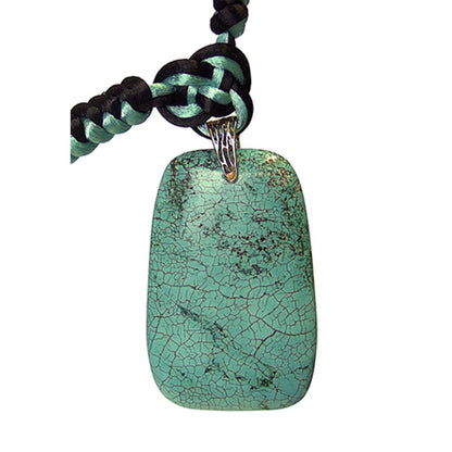 Green Turquoise Necklace / 17 Inch length / reconstructed turquoise pendant with a simulated matrix / satin rope necklace