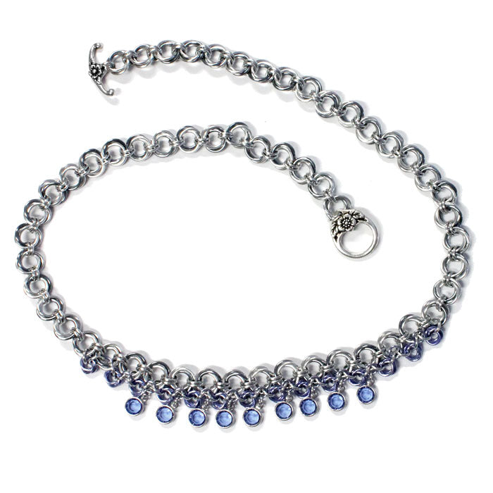 Flowers In Bloom Chainmail Necklace / 20.5 Inch length / aluminum jump rings / pewter clasp / sapphire blue crystals