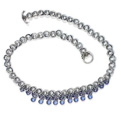 Flowers In Bloom Chainmail Necklace / 20 Inch length / aluminum jump rings / pewter clasp / sapphire blue crystals