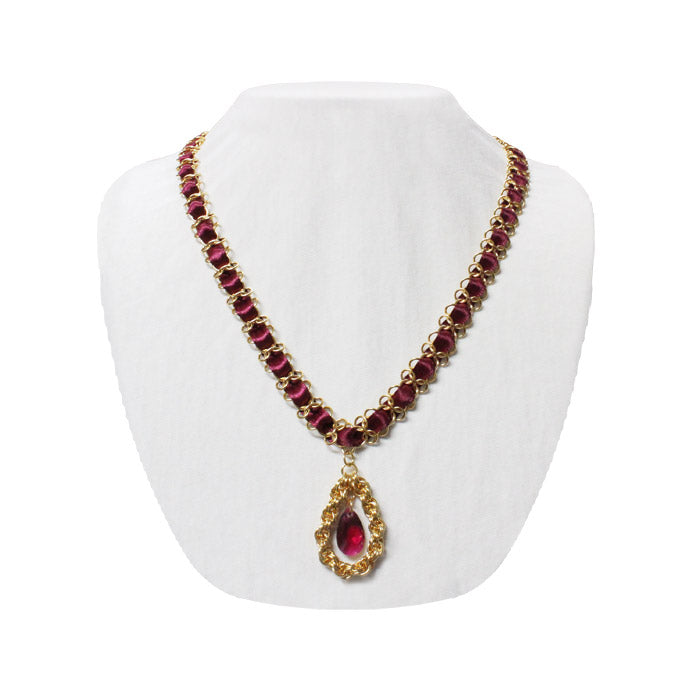 Red Carpet Chainmail Necklace / 21 Inch length / with crystal teardrop pendant