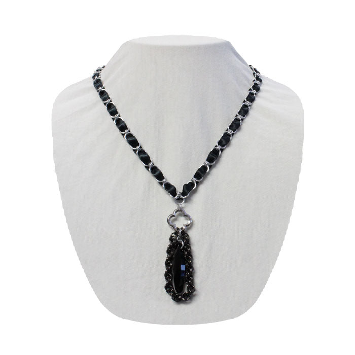 Black Magic Chainmail Necklace / 19 Inch length / black ellipse crystal pendant / ribbon and chainmail