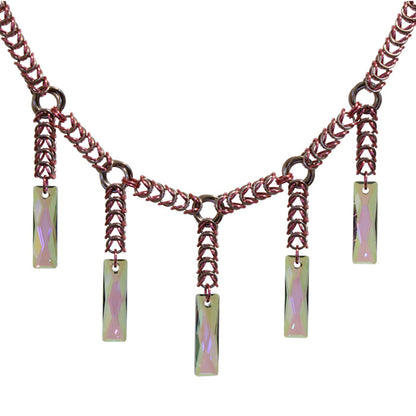 Pink Champagne Chainmail Necklace / 19 Inch length / aluminum jump rings with pewter clasp / queen baguette crystals