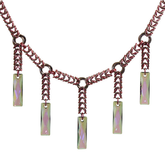 Pink Champagne Chainmail Necklace / 19 Inch length / aluminum jump rings with pewter clasp / queen baguette crystals