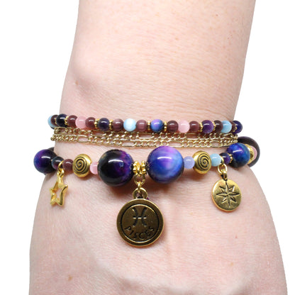 Rainbow Tiger's Eye Necklace with zodiac charm of your choice / convertible - can break down into 3 separate bracelets