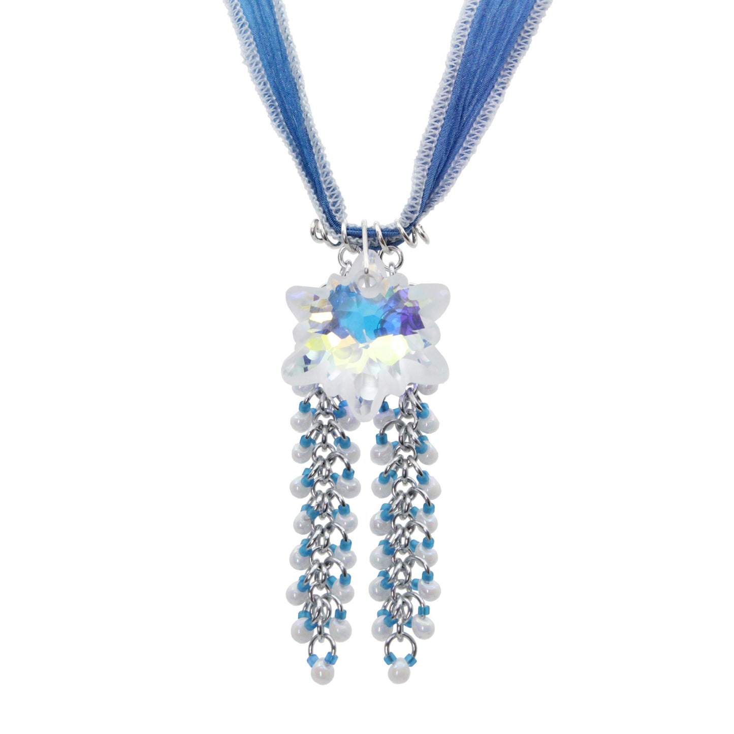 Edelweiss Crystal Necklace / blue and white hand dyed ribbon / 28mm partly frosted rainbow crystal