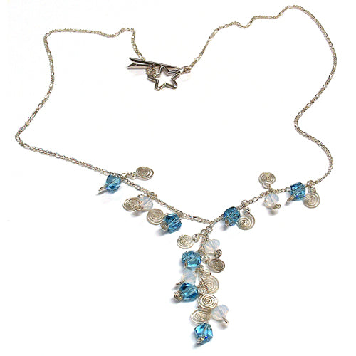 Galaxy Aqua Blue Necklace / 21 Inch length / sterling silver chain / shooting star clasp