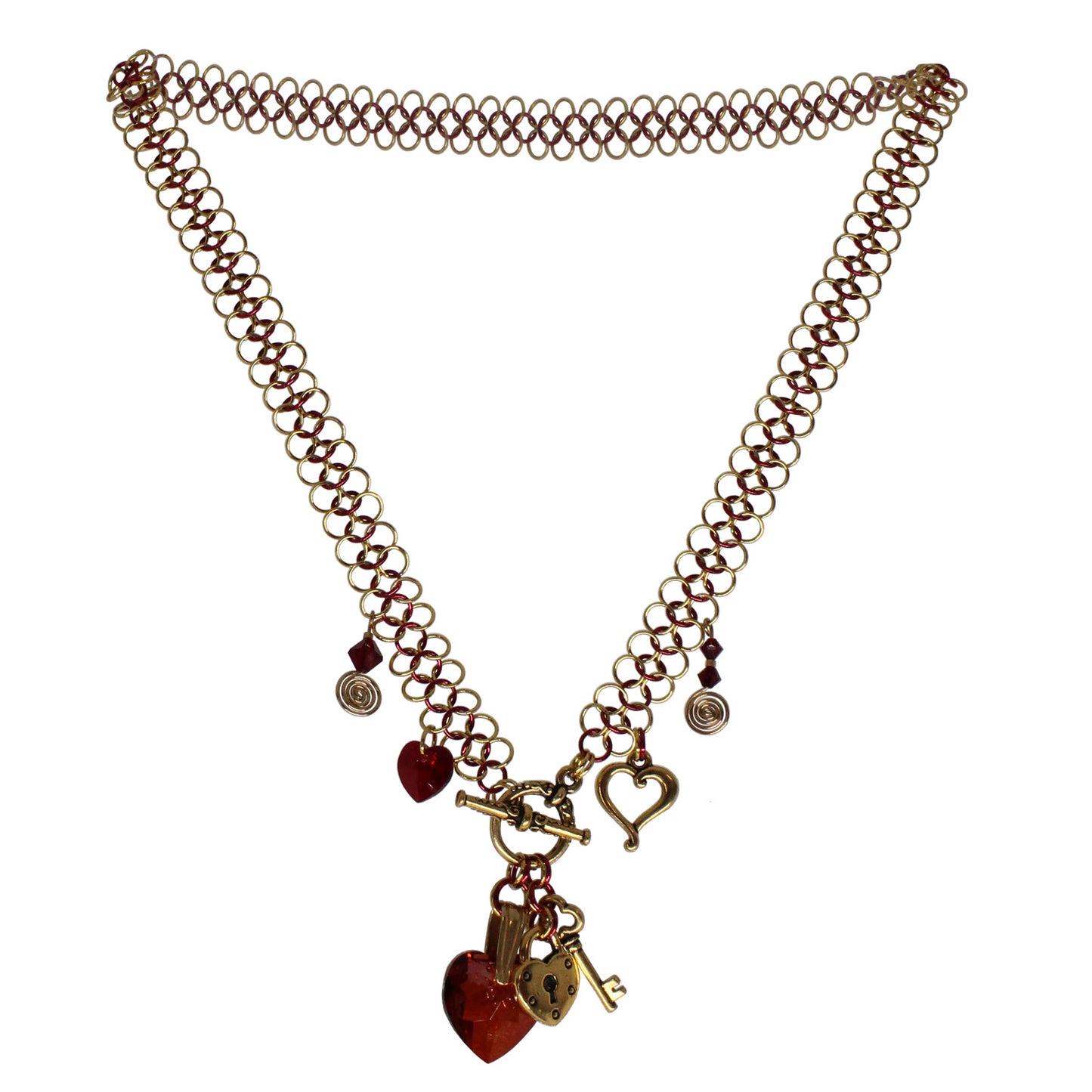 Lock and Key Chainmail Necklace / 22 Inch / crystal hearts with lock and key charms