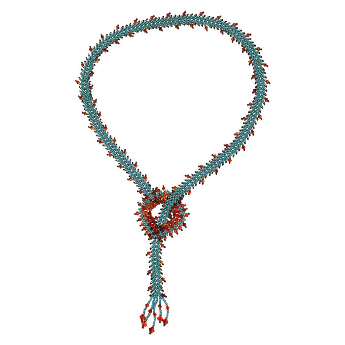 Crystal Fire Necklace / 28 Inch length / turquoise with reddish orange crystal fringe / square crystal clasp
