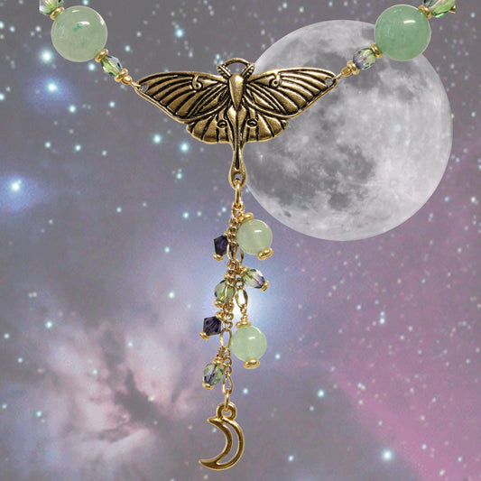 Luna Moth Necklace / 21 Inch length / with aventurine gemstones / toggle clasp