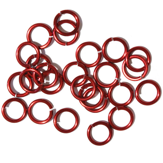 SHINY RED 10mm 12 GA Jump Rings / 25 Pack / sawcut round open anodized aluminum