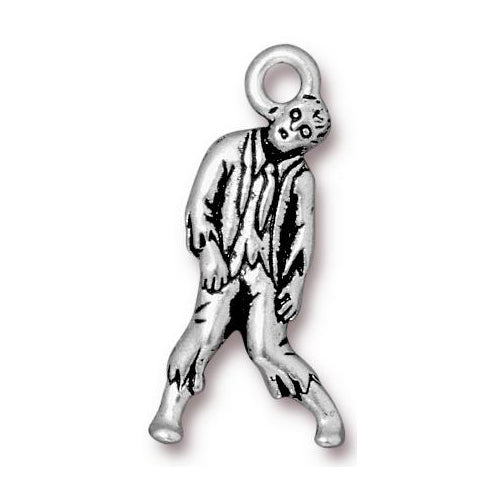 A pewter zombie charm with an antique silver finish, featuring a detailed depiction with torn clothes and a twisted stature