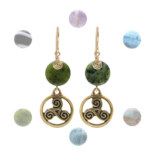 Gemstone Triskele Earrings / 47mm length / gold filled hook earwires / coin bead gemstones / select from one of 6 choices