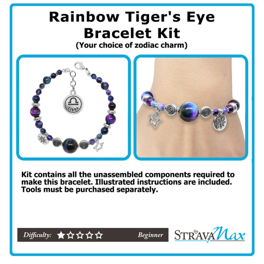 DIY Jewelry Kit for Rainbow Tiger's Eye Bracelet with zodiac charm / 6 to 7 Inch wrist size / silver pewter beads and charms / choose your sign