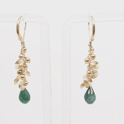 Emerald Cascade Earrings with galaxy spirals / 50mm length / gold filled leverback earwires