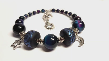 Rainbow Black Celestial Bracelet / 6 to 7 Inch wrist size / silver pewter beads and charms