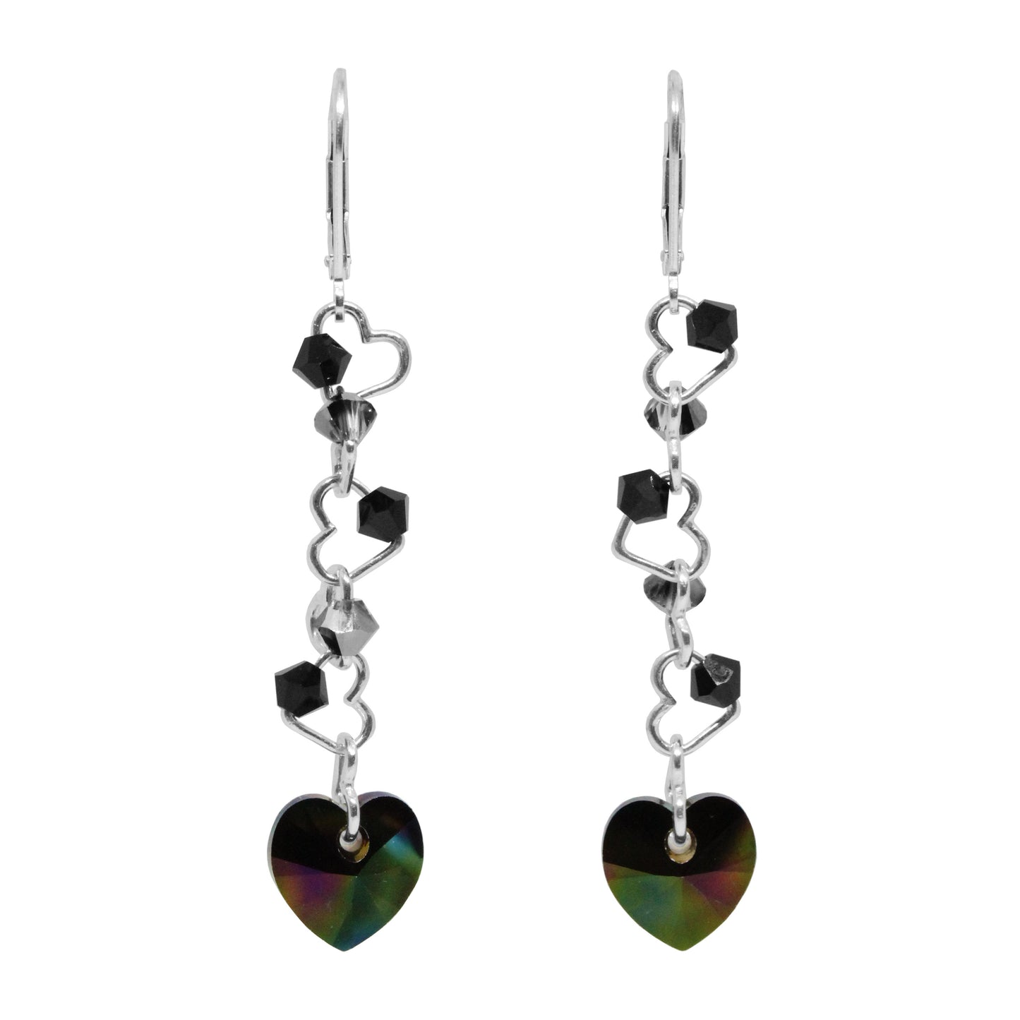 Crystal Passion Earrings / 57mm Length / sterling silver leverbacks / choose a heart crystal color from red, pink or dark rainbow